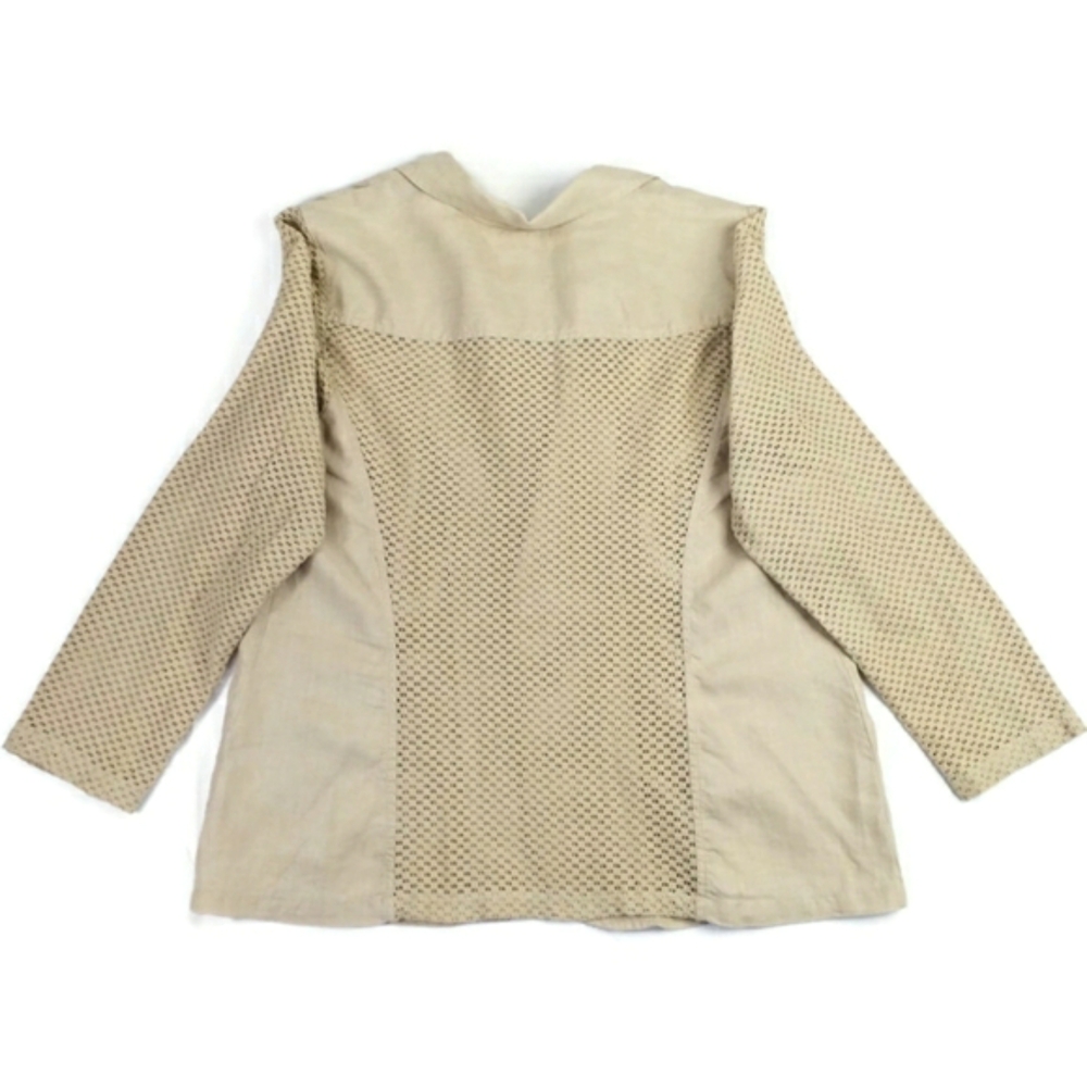 Chico's Tan Linen Open Front Long Perforated Sleeve Blazer Jacket Womens 2, US L - Picture 13 of 15